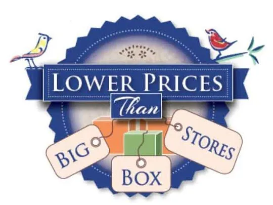 Badge reading Neat News. Lower (Flooring) Prices than Big Box Stores.